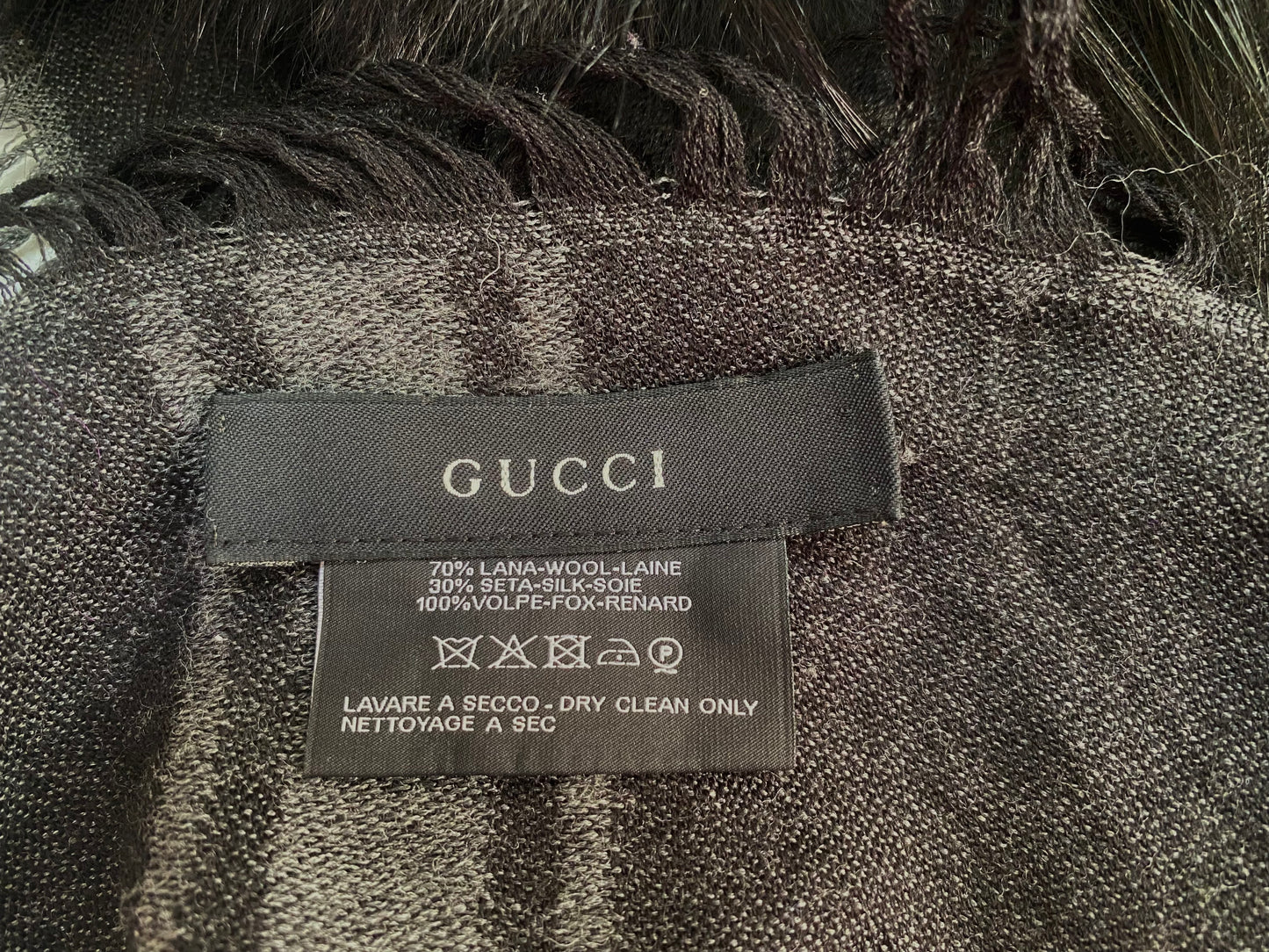Gucci Black/Grey Wool Silk Fur Monogram Shawl Scarf
